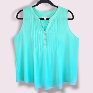 Charter Club Womens Teal Pleated V Neck‎ Button Front Sleeveless Top Size L